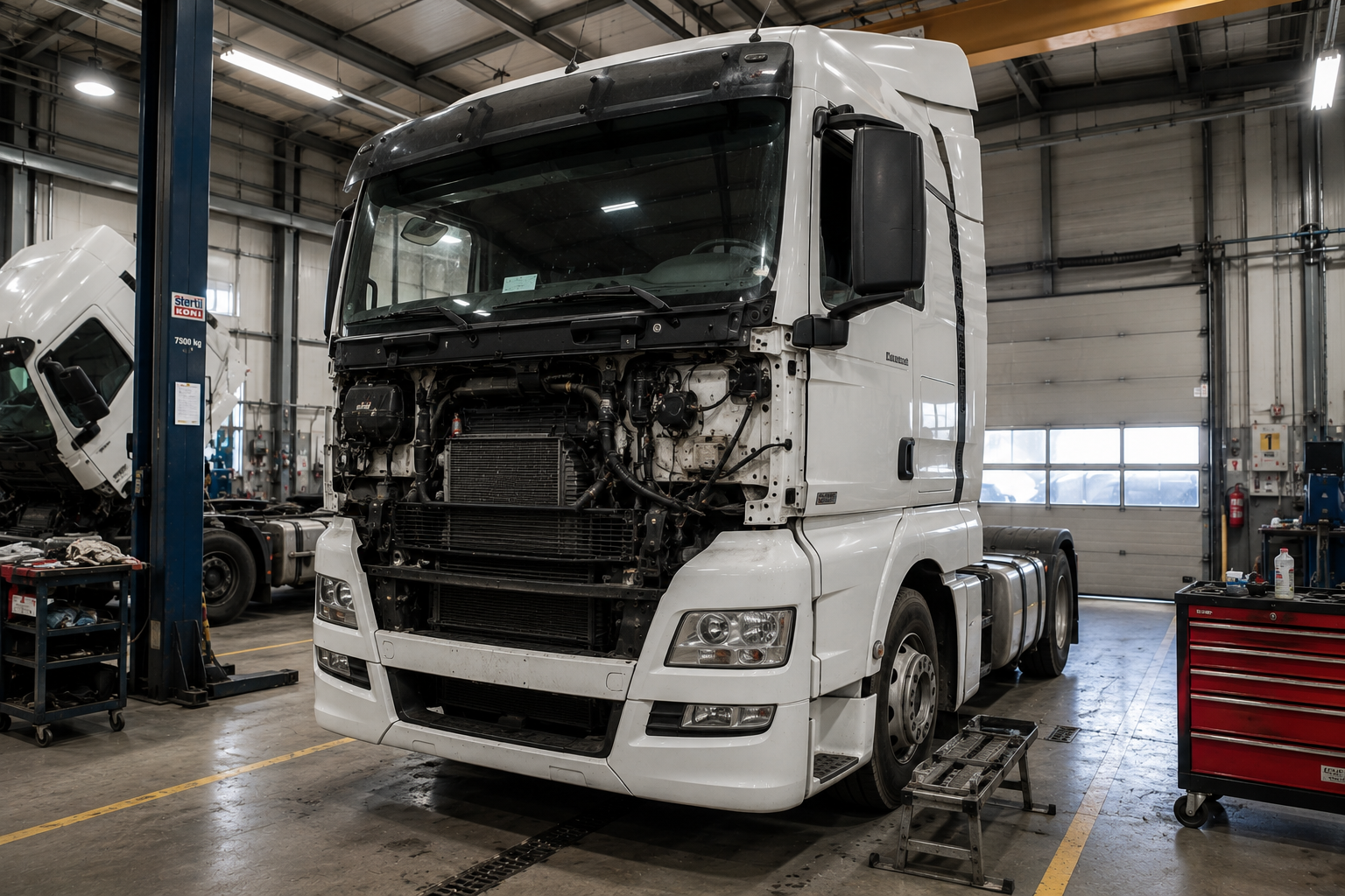 Camion en cours de réparation dans un atelier
